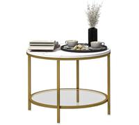 HOMCOM Tavolino rotondo, tavolino moderno a 2 livelli con piano effetto marmo e ripiano in vetro temperato, terminale del divano per soggiorno, camera da letto, Ø 60 x 45 cm, bianco e oro
