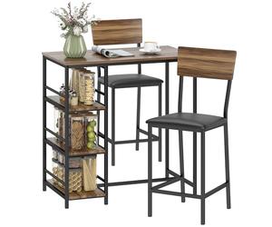 HOMCOM Tavolo Bar con 2 Sgabelli con 3 Ripiani, Schienale e Imbottitura Pelle PU, Set Bancone Bar e Sedie Cucina Salvaspazio con Gambe in Acciaio, Industriale, per Cucina Sala da Pranzo, Color Noce