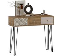 HOMCOM Tavolo Consolle, Tavolo da Divano con 3 Cassetti, Consolle stretta per corridoio con gambe in acciaio biforcute, per soggiorno, corridoio, ingresso, Naturale