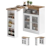 HOMCOM Tavolo da bar allungabile e girevole a 90°, tavolo alto da cucina con ripiani aperti e 2 ante in vetro per sala da pranzo, 150x80x105,5 cm, bianco e naturale