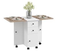 HOMCOM Tavolo da Pranzo Pieghevole, Tavolo Cucina a Ribalta con Ruote a Freno per 6 Persone, Scrivania Richiudibile con 2 Cassetti e Armadietto, per Soggiorno, 120x60x76.5 cm, Bianco e Rovere