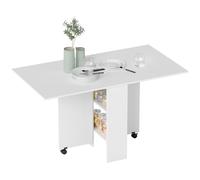 HOMCOM Tavolo da Pranzo Pieghevole, Tavolo Cucina a Ribalta per 6 Persone, Scrivania Richiudibile Salvaspazio con 2 Ripiani Aperti e Ruote a Freno, per Soggiorno, Ufficio, 140x75x74cm, Bianco