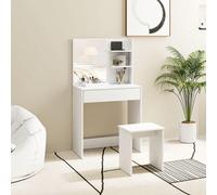 HOMCOM Tavolo da Trucco a 3 Ripiani e Cassetti con Specchio e Sgabello Abbinato, Toeletta da Camera in Truciolato, 75x40x137 cm, Bianco Imposta la tua beauty routine nel migliore dei modi con il tavol