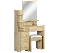 HOMCOM Tavolo da Trucco con Sgabello, Specchio, Cassetti e Ripiani in Legno