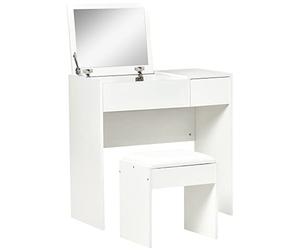 HOMCOM Tavolo da Trucco con Specchio Richiudibile, Tavolo da Trucco Moderno, con Sgabello, Vano Contenitore (4 Scomparti), MDF Bianco, 80x40x79 cm