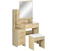 HOMCOM Tavolo da Trucco con Specchio, Sgabello, Cassetti e Ripiani in Legno
