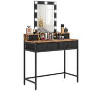 HOMCOM Tavolo da trucco in stile industriale, specchio LED regolabile integrato, base in metallo nero, 4 cassetti in tessuto, dim. 90L x 40L x 148H cm Aspetto legno scuro