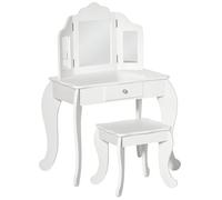 HOMCOM Tavolo da Trucco per Bambini con Sgabello 2 in 1 Scriniva in Legno e Triplo Specchio, Toeletta Trucco in MDF e Acrilico, 63x40x85.5 cm, Bianco