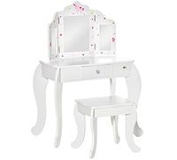 HOMCOM Tavolo da Trucco per Bambini con Sgabello in Legno e Triplo Specchio, Toeletta Trucco in MDF e Acrilico, 63x40x85.5 cm, Bianco e Rosa