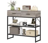 HOMCOM Consolle Ingresso con 2 Cassetti, 2 Ripiani in Rete e Gancio Laterale, Tavolo Consolle in Legno e Metallo, Tavolino Ingresso per Camera da Letto, 100x35x92 cm, Color Legno Grigio Chiaro