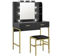 HOMCOM Toeletta Trucco con Specchio a 10 Lampadine e Sgabello Imbottito, Postazione Trucco con 2 Cassetti, 6 Ripiani Portaoggetti e Piedini Antiscivolo per Camera da Letto, Nero