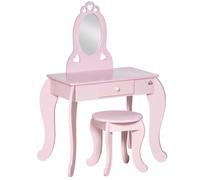 HOMCOM Tavolo Trucco per Bambini e Sgabello in Legno con Specchio e Cassetto