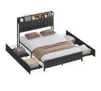 HOMCOM Telaio letto 140 x 190 cm Rete a doghe in metallo nero | Letto Matrimoniale Imbottito Pelle Sintetica, Piede e Testa Inclusi, Ripiana, 4 Cassetti, Senza Rumore, Stile Industriale