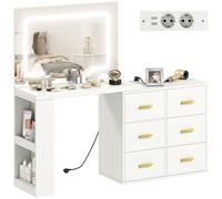 HOMCOM Toeletta con Specchio e 6 Cassetti, Luci Regolabili e Prese Elettriche