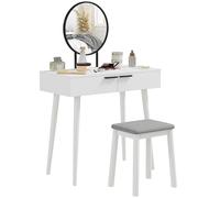 HOMCOM Toeletta con specchio e sgabello, set da toeletta con 2 cassetti, sgabello imbottito e organizer per trucchi, per camera da letto e spogliatoio, 80 x 40 x 123 cm, bianco