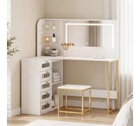 HOMCOM Toeletta da trucco con specchio e luci LED regolabili, toeletta con sgabello imbottito, 2 colori di luce, 5 cassetti, 2 scomparti aperti e 2 ripiani in vetro, per camera da letto, bianco