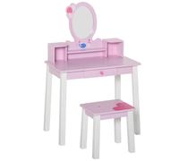 Homcom Toeletta per Bambini con Sgabello e Specchio Tavolo da Trucco in Legno Rosa Stile Principessa Giocattolo per Ragazze 60X34X93 cm