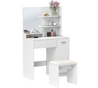 HOMCOM Toeletta Trucco con Specchio e Sgabello, Postazione Trucco con Cassetto, Armadietto e Ripiani in Legno, Bianco