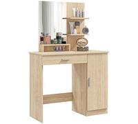 HOMCOM Toeletta Trucco con Specchio, Postazione Trucco con Cassetto, Armadietto, Ripiani Aperti e Ripiano Regolabile, Tavolo Toeletta per Camera da Letto, Moderno, 90x38x138 cm, Color Legno