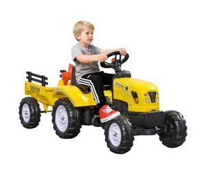 HOMCOM Trattore a Pedali per Bambini da 3+ Anni con Rimorchio, Rastrello e Pala, Macchina Cavalcabile con Clacson, Giallo