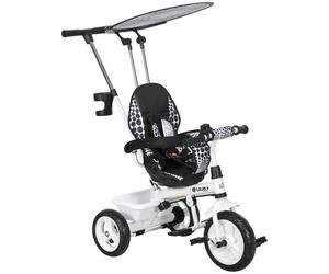 HOMCOM Triciclo per Bambini con Maniglione di Spinta, Tettuccio, Barra di Sicurezza e Box, 105x47x89 cm, Bianco e Nero Aosom Italy