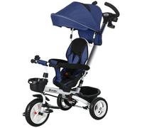 HOMCOM Triciclo per Bambini con Maniglione Multiuso, Passeggino per Bambini Parasole Regolabile, Cintura di Sicurezza e Cestino, Blu Scuro