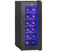 Homcom Wine Cooler 12 Bottiglie, Wine Cooler con Doppio Raffreddamento Termoelettrico, Temperatura Regolabile 8-18 ℃ , Porta in vetro, Anti-Uv, Schermo LED, Luce interna, Nero