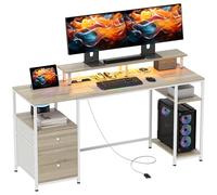 HOMCON Scrivania per computer con luci LED regolabili, 155,5 x 48 cm, scrivania con 2 prese, porte USB, cassetti, ripiani e supporto per monitor, tavolo da studio per computer, effetto legno naturale
