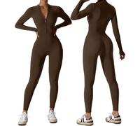 HOMDECR Tuta Intera Donna Sportiva Maniche Lunghe Jumpsuit Aderente Sexy Cerniera Completo per Yoga Palestra Abbigliamento Zip Costine Tutina Sportivo (XL,Colore del caffè)