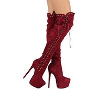 HOMDREAM Tacchi Donna Stivali al Ginocchio con Plateau in Pizzo Rosso con Tacco Alto,Red-36