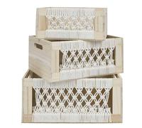 HOME DECO FACTORY, RG0023, Cassetta in Legno Boho Nesting x3 - Contenitore Decorativo impilabile in Legno Resistente, Ideale per Giocattoli e Accessori, Estetica Bohémien, Beige, Misura: 3 Pezzi