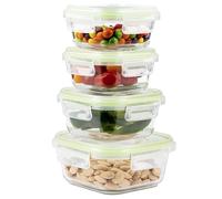 Home Fleek Contenitori ermetici per alimenti quadrati in vetro con coperchio, impilabili, salvaspazio, ermetici, adatti a microonde, forno e congelatore (set da 4, verde)