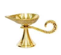 Home Genie Brass Diya Stand for Pooja | Traditional Indian Oil Lamp with Carved Handle | Handcrafted Deepak for Mandir, Aarti, Festivals, Religious Decor & Housewarming Gift Pack of 1