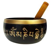 Home Genie Brass Tibetan Singing Bowl with Wooden Mallet | 10 cm Meditation Sound Bowl for Healing, Yoga, Chakra & Spiritual Energy | 550g | Handcrafted Black & Gold Finish