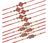 HOME GENIE Dora Rakhi con Brother Font, Dora Rakhi con forma geometrica dorata, set combinato Dora Rakhi per Brother | tradizionale thread rosso Dora Rakhi - Confezione da 5 (ciascuno), Eine Grösse