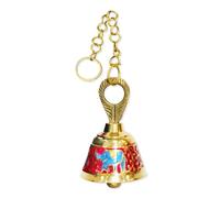 Home Genie Traditional Brass Hanging Bell with Chain | Handcrafted Indian Temple Bell with Engraved Cow Motif & Red-Blue Meenakari Work for Puja, Home Temple, Door Decor & Gifting