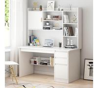 Home Office con Ripiano Scrivania Moderna Postazione di Lavoro da Studio con Credenza E Scaffale Computer Pc Portatile con Ripiani, White, 120x45x163cm(47x18x64)