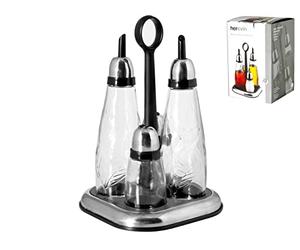 Home Set Oliera con Stand/Tappo Cromato, Vetro, Trasparente, 4 Pezzi