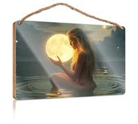 Home Sign for Front Porch Full Moon in The Hands of A Woman, cartello in legno grande per la casa, decorazione per la stanza indie (23 x 35 cm)