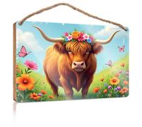 Home Sign for Front Porch Highland Cow in A Flower Garden Sign Large Home Sign Indie Room Decor (15 x 28 cm)