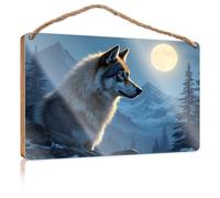 Home Sign for Front Porch Wolf in The Moonlit Mountains, cartello in legno grande per la casa, decorazione per la stanza indie (23 x 35 cm)