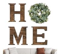 Home Sign - Wooden Home Letter Sign - Decor Accent With Artificial Eucalyptus Wreath Decorative Accessories For Living Room Kitchen Apartment Housewarming Wedding Holiday Party