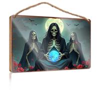 Home Sweet Home - Cartello decorativo da parete con scheletri in mantello che tiene una sfera luminosa contro il cielo illuminato dalla luna, cartello in legno da appendere alla parete, decorazione