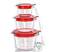 Home & Treat 6 misurini in vetro con 3 coperchi | Capacità e scala 1 tazza/250 ml 2 tazze/500 ml, 4 tazze/1000 ml | Caraffe graduate trasparenti con coperchio e manico per cucina
