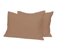Home Tresor - Coppia Federe Cuscini Letto con Raffinati Volant su 2 Lati, Misura cm. 52x82, Made in Italy, 100% Puro Cotone, 57 fili cm^2, Tinta Unita NOCCIOLA