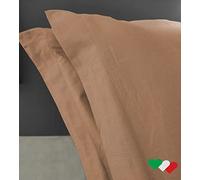 Home Tresor - Raffinata Coppia di Federe Cuscini Letto con Volant - 100% Puro Cotone - Made In Italy - 57 fili cm2 - cm. 52x82 Color Nocciola