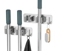 homeasy Wall Mount Mop and Broom Holder, Heavy Duty Stainless Steel Organizer Rack with Hooks | 2-Pack, 2-in-1 No Drill & Screw Installation, Silver