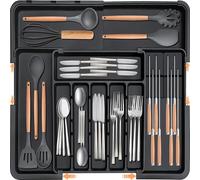 Homecor Organizer per argenteria, organizer espandibile per cassetti da cucina, con 2 ceppi per coltelli rimovibili, 55 x 48 cm, divisori per cassetti per posate da cucina (6-9 scomparti) (nero)