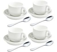 homEdge Set di 4 tazzine e piattini da caffè con cucchiaini, 70,9 g, colore: bianco