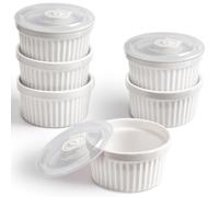 homEdge Set di 6 pirottini in porcellana con coperchio, 240 ml, ciotola per gelato, crème brûlée, soufflé, per cottura al forno, colore: bianco